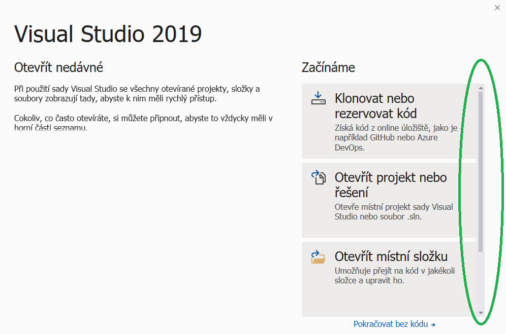 Úvodní obrazovka Visual Studia 2019 - posuvník