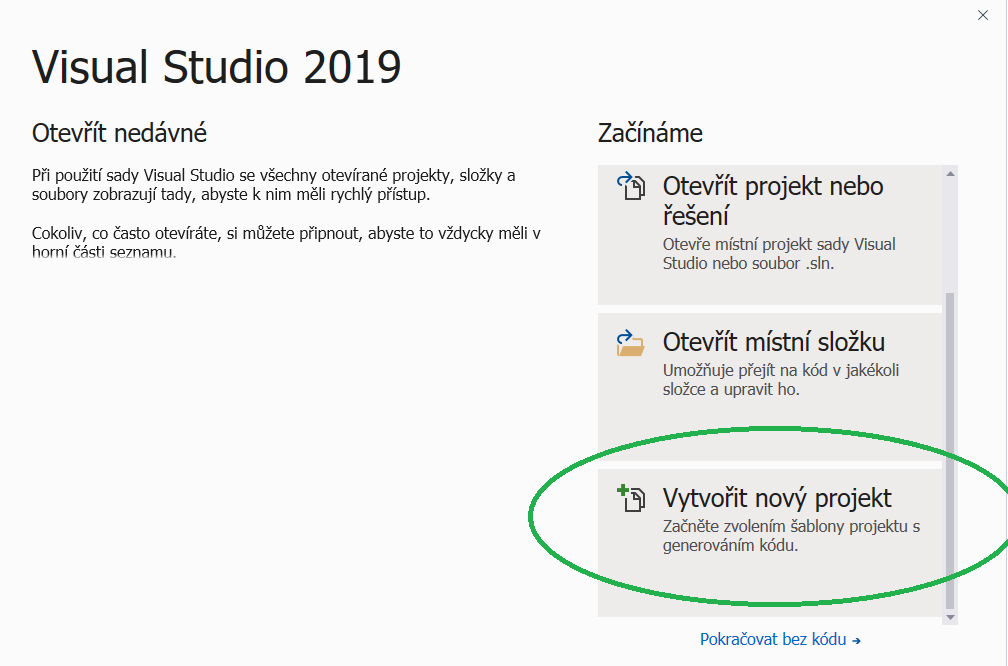 Úvodní obrazovka Visual Studia 2019 - vytvoření nového projektu