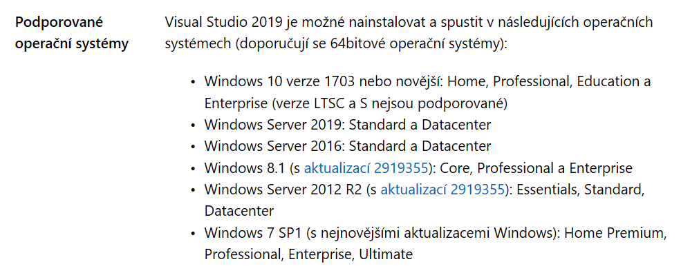 Požadavky na systém pro instalaci Visual Studia 2019