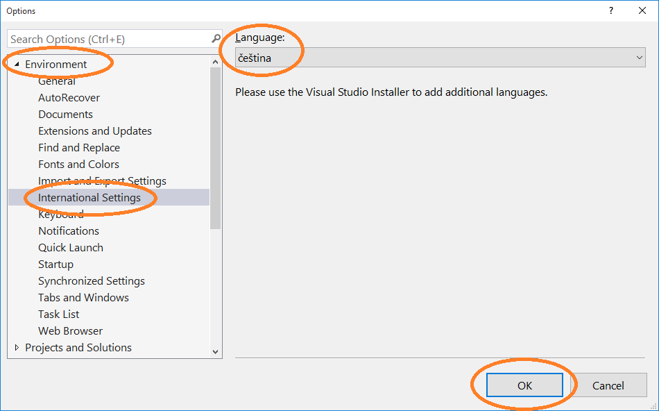 Přepnutí jazyku Visual Studia